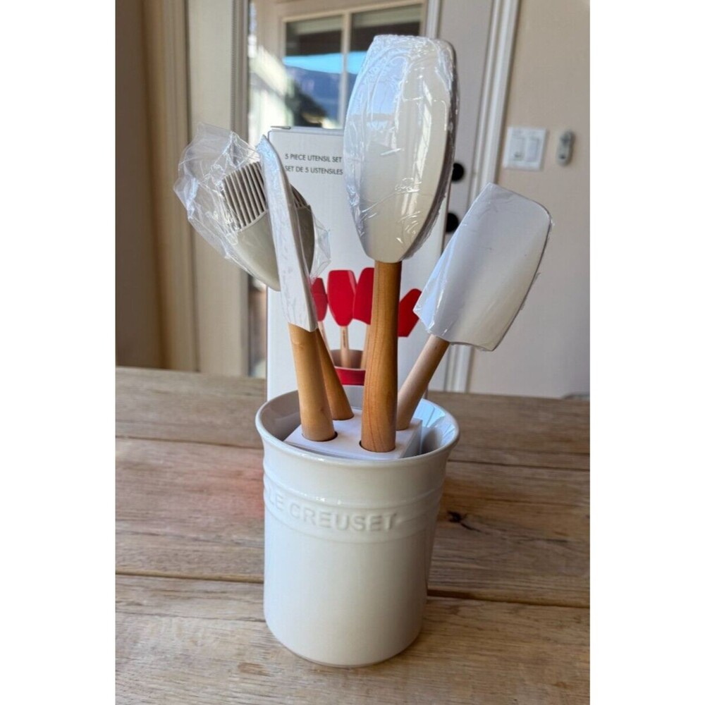 Le Creuset Craft Series Utensil Set w/Stoneware Crock&4pc Spatulas Meringue NEW